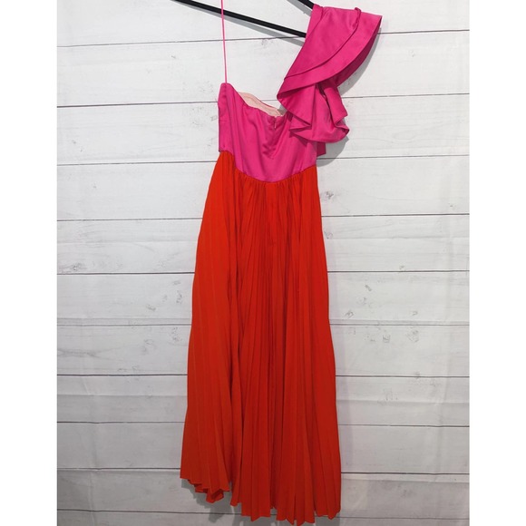 AMUR Cleopatra Pleated One Shoulder Ruffle Maxi Dress Pink Red Women's Size 2 - Picture 8 of 16